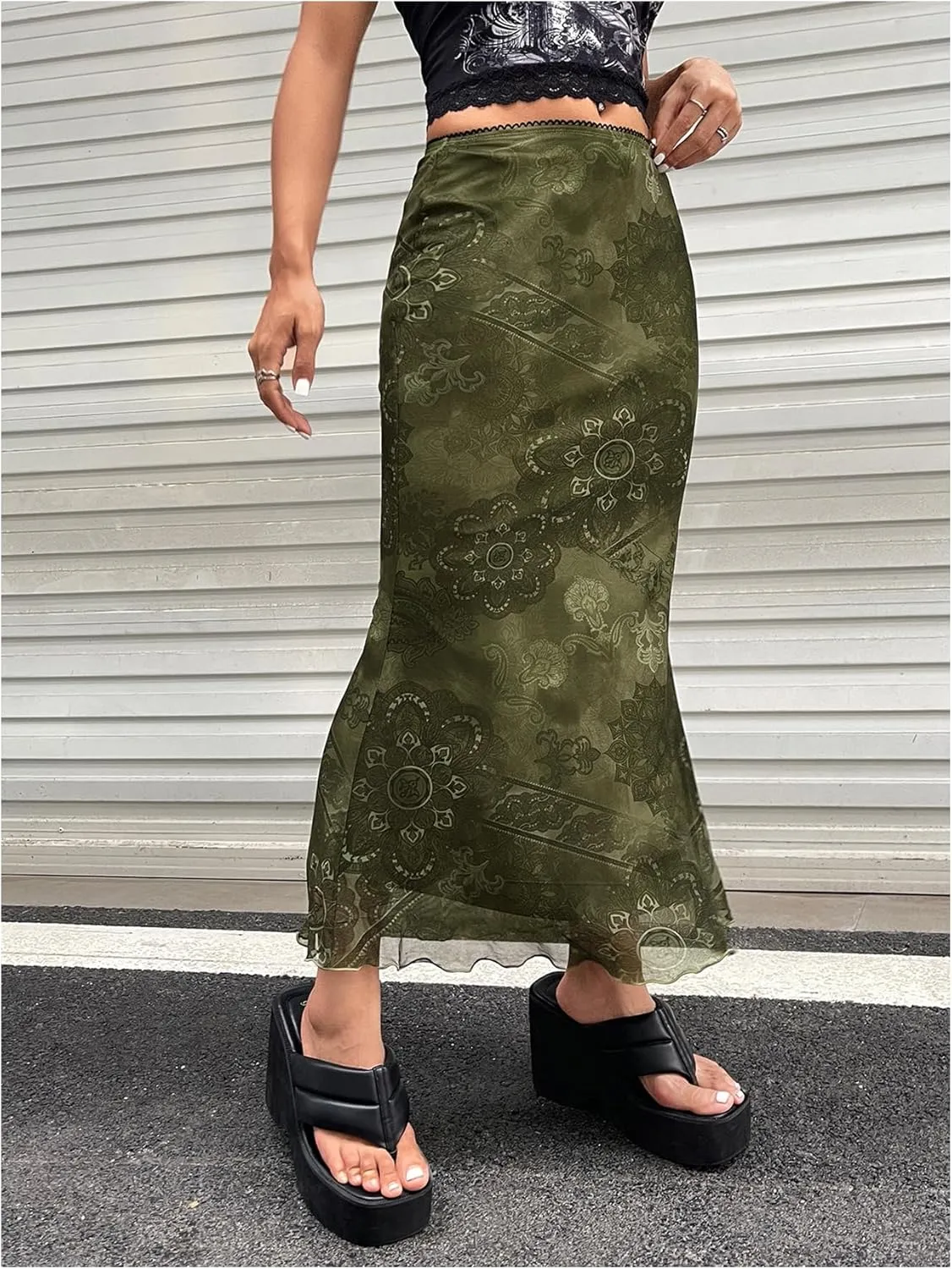 Verdusa Women's Lettuce Trim High Waist Mesh Fishtail Bodycon Long Skirt
