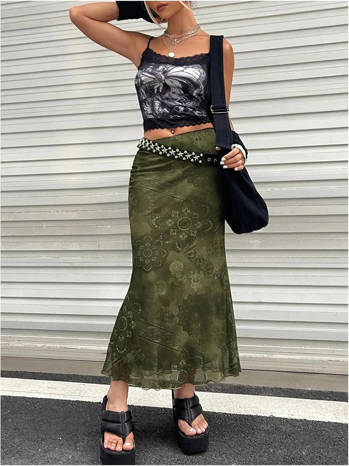 Verdusa Women's Lettuce Trim High Waist Mesh Fishtail Bodycon Long Skirt