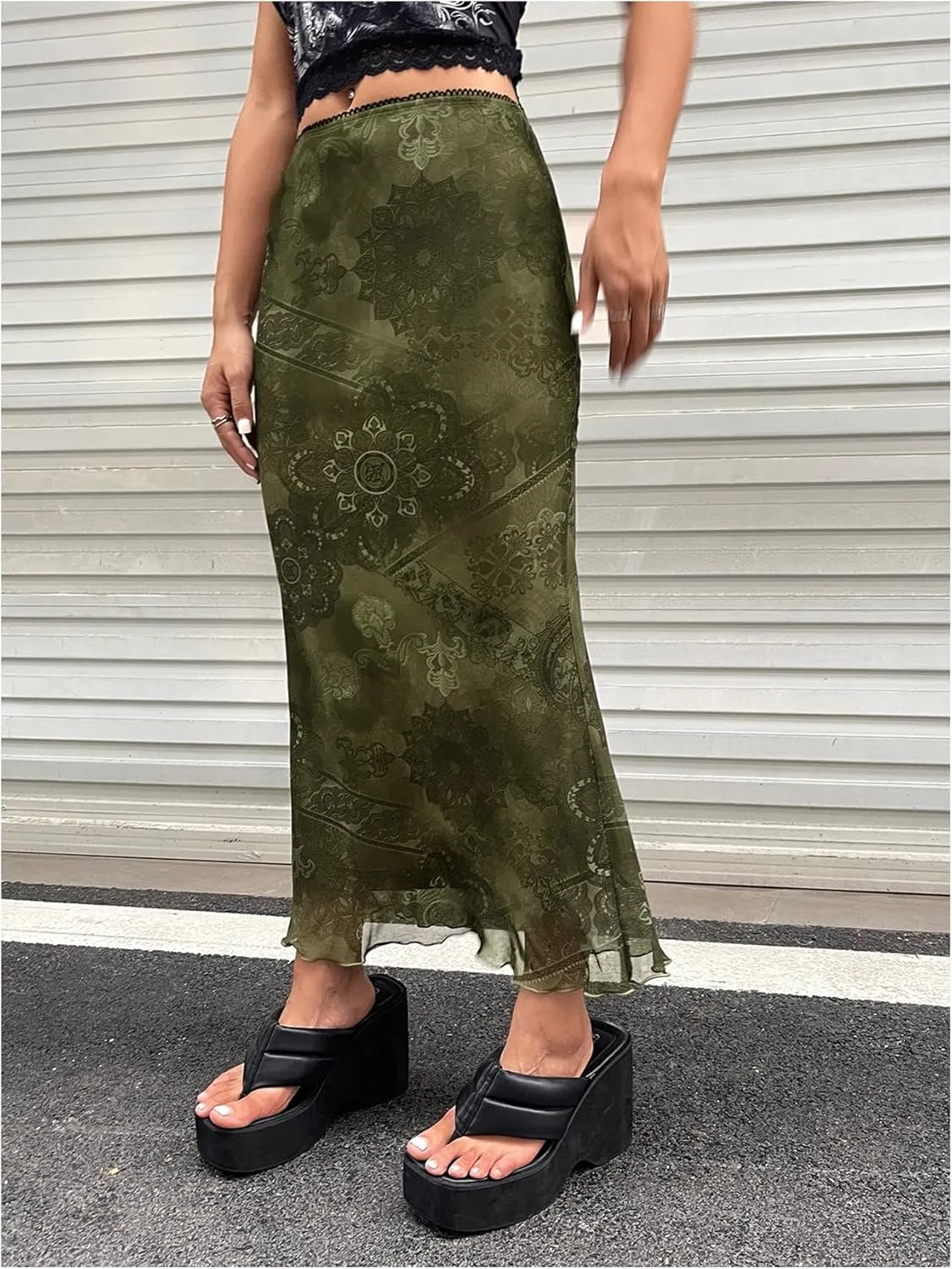 Verdusa Women's Lettuce Trim High Waist Mesh Fishtail Bodycon Long Skirt