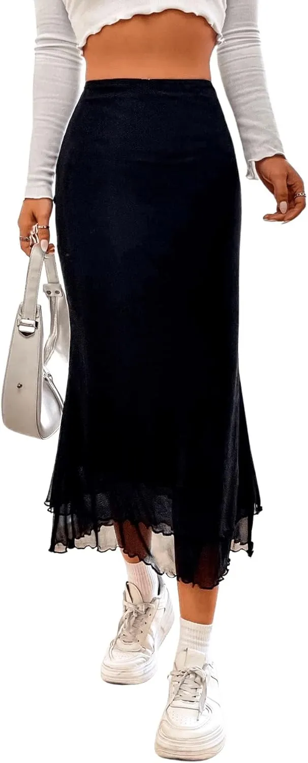 Verdusa Women's Lettuce Trim High Waist Mesh Fishtail Bodycon Long Skirt