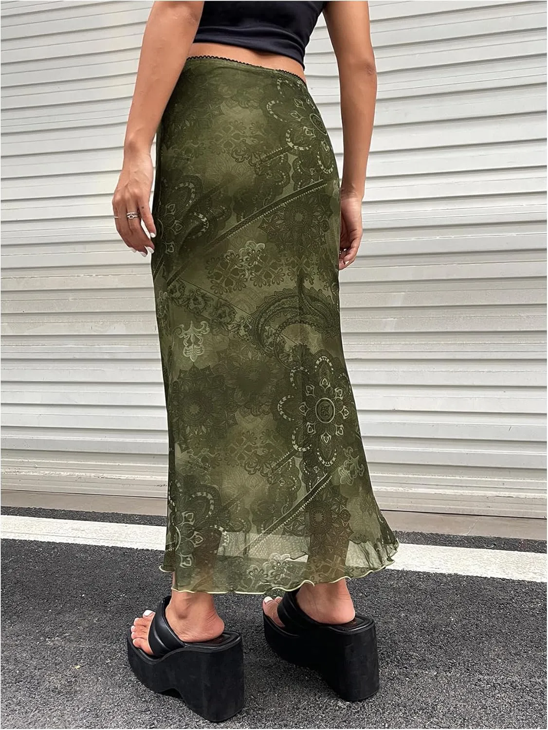 Verdusa Women's Lettuce Trim High Waist Mesh Fishtail Bodycon Long Skirt