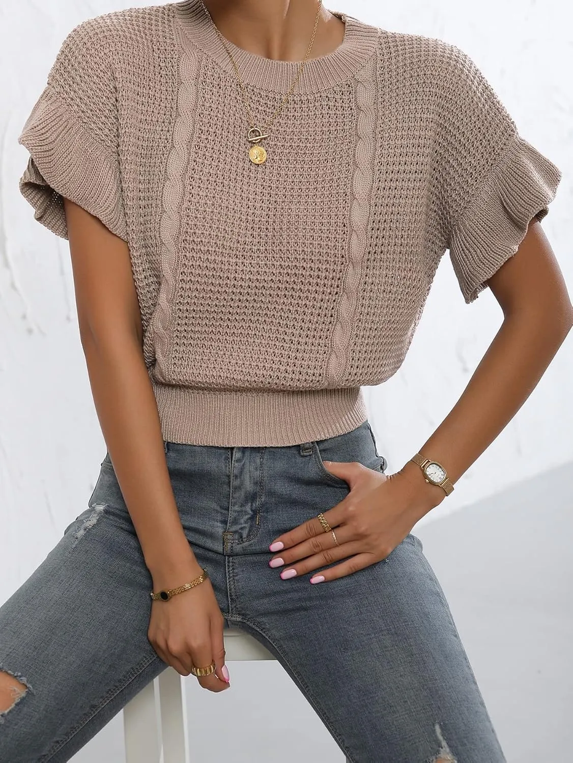 Verdusa Women's Ruffled Short Sleeve Round Neck Knitted Top Pullovers Sweater