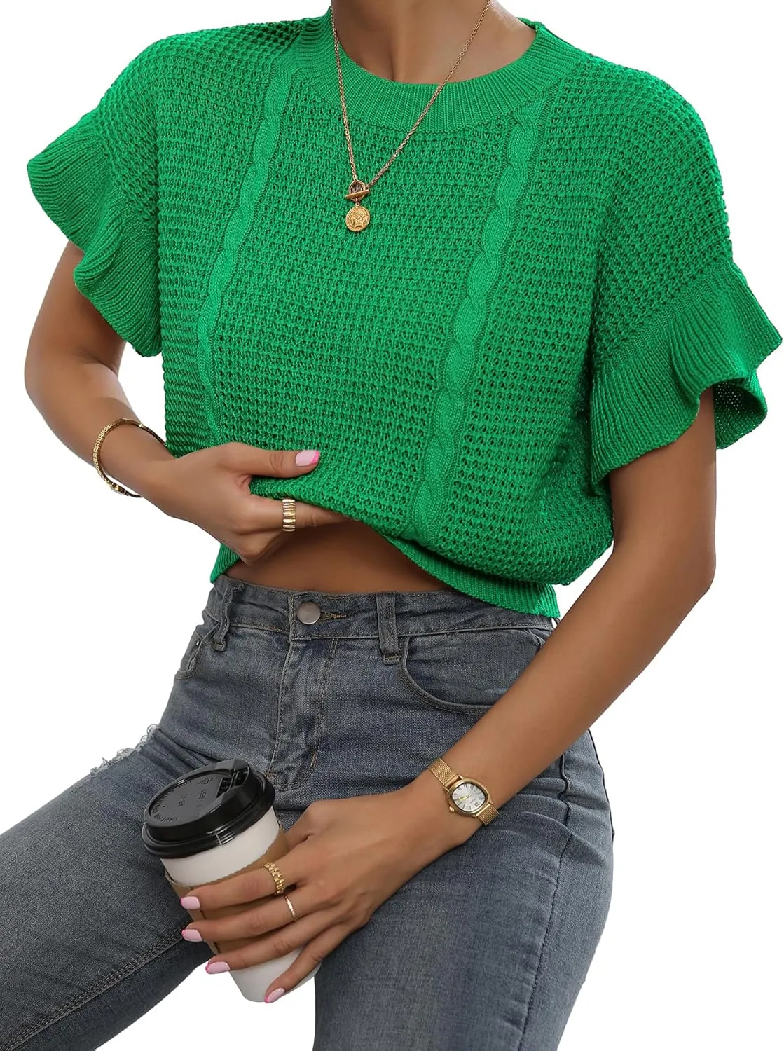 Verdusa Women's Ruffled Short Sleeve Round Neck Knitted Top Pullovers Sweater