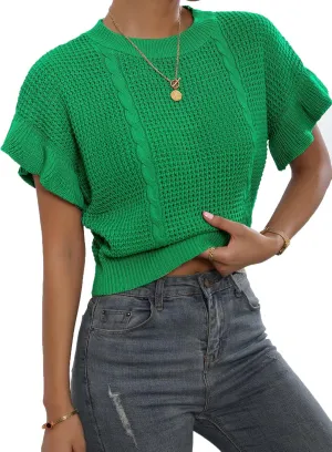 Verdusa Women's Ruffled Short Sleeve Round Neck Knitted Top Pullovers Sweater