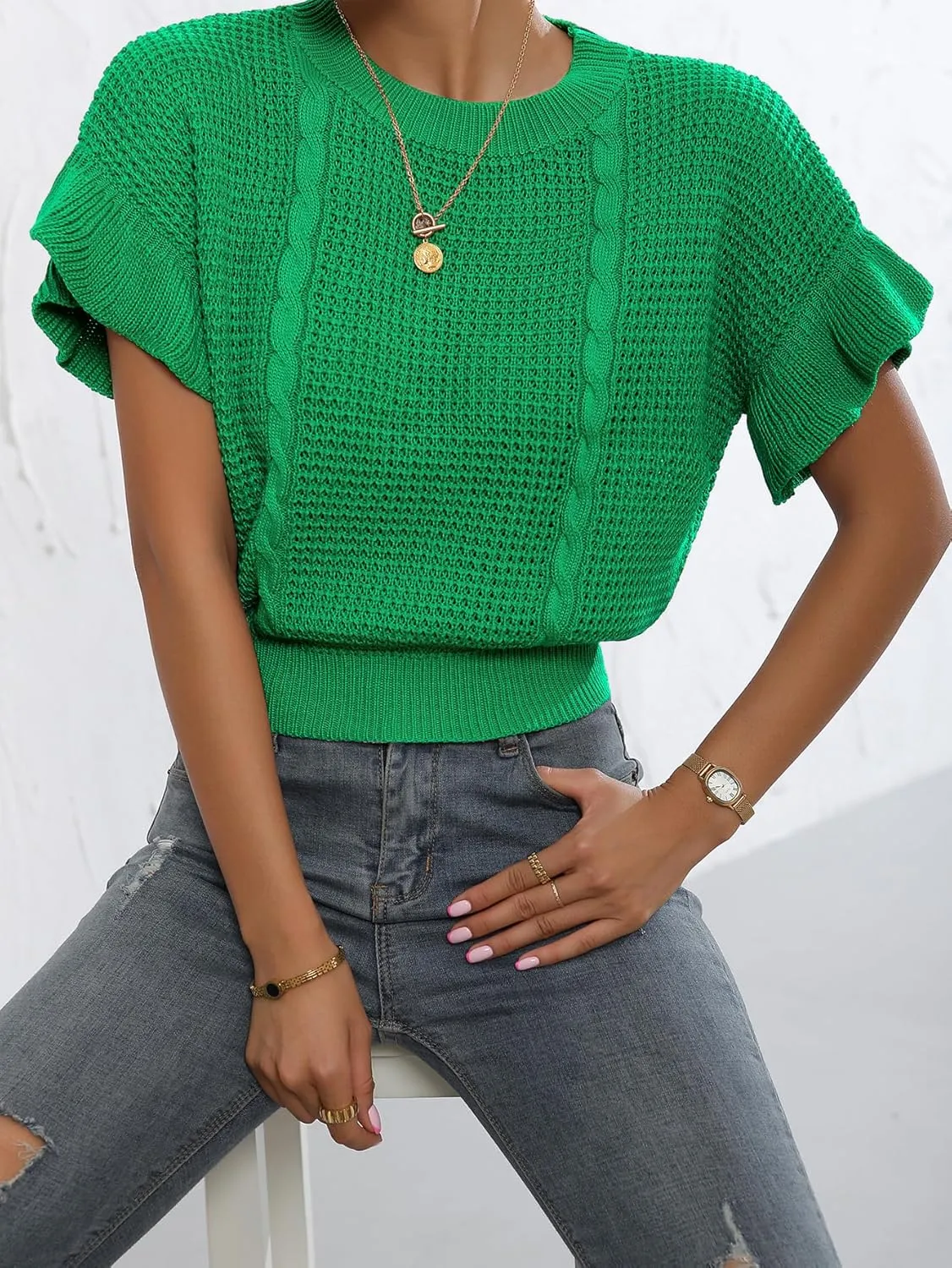 Verdusa Women's Ruffled Short Sleeve Round Neck Knitted Top Pullovers Sweater