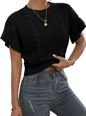 Verdusa Women's Ruffled Short Sleeve Round Neck Knitted Top Pullovers Sweater