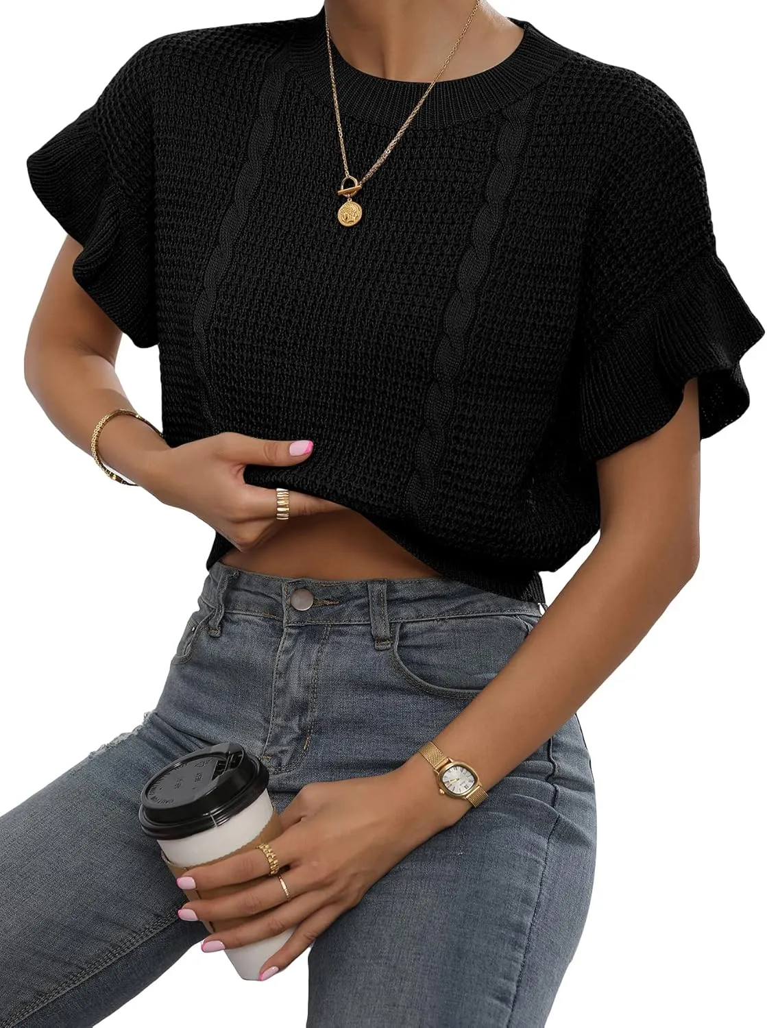 Verdusa Women's Ruffled Short Sleeve Round Neck Knitted Top Pullovers Sweater