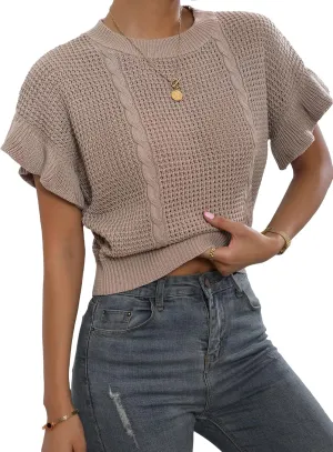 Verdusa Women's Ruffled Short Sleeve Round Neck Knitted Top Pullovers Sweater