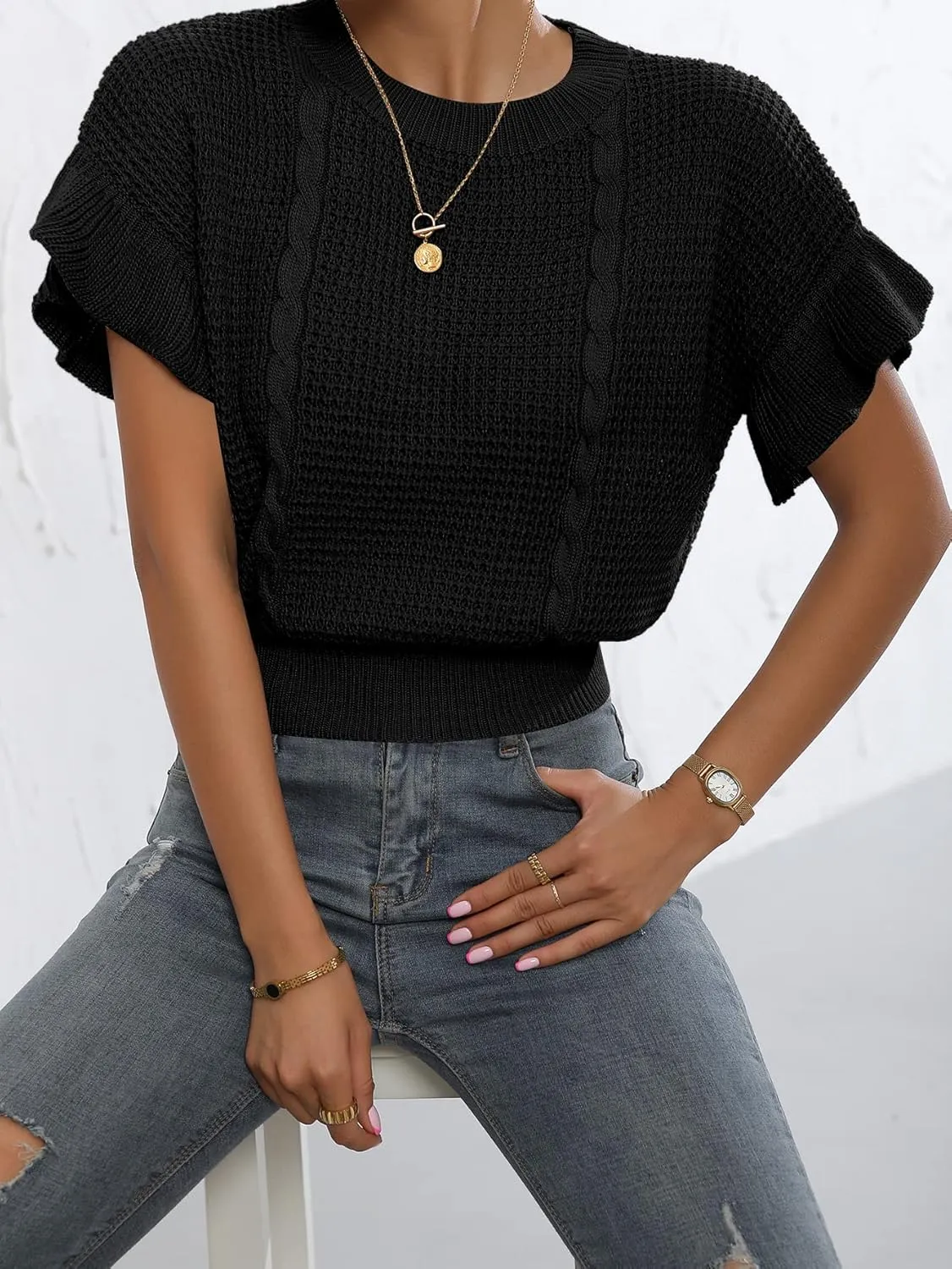 Verdusa Women's Ruffled Short Sleeve Round Neck Knitted Top Pullovers Sweater