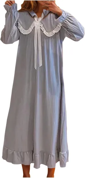 Vintage Peter Pan Collar Nightgown for Women Victorian Princess Long Sleepdress Ruffle Hem Long Sleeve Nightdress