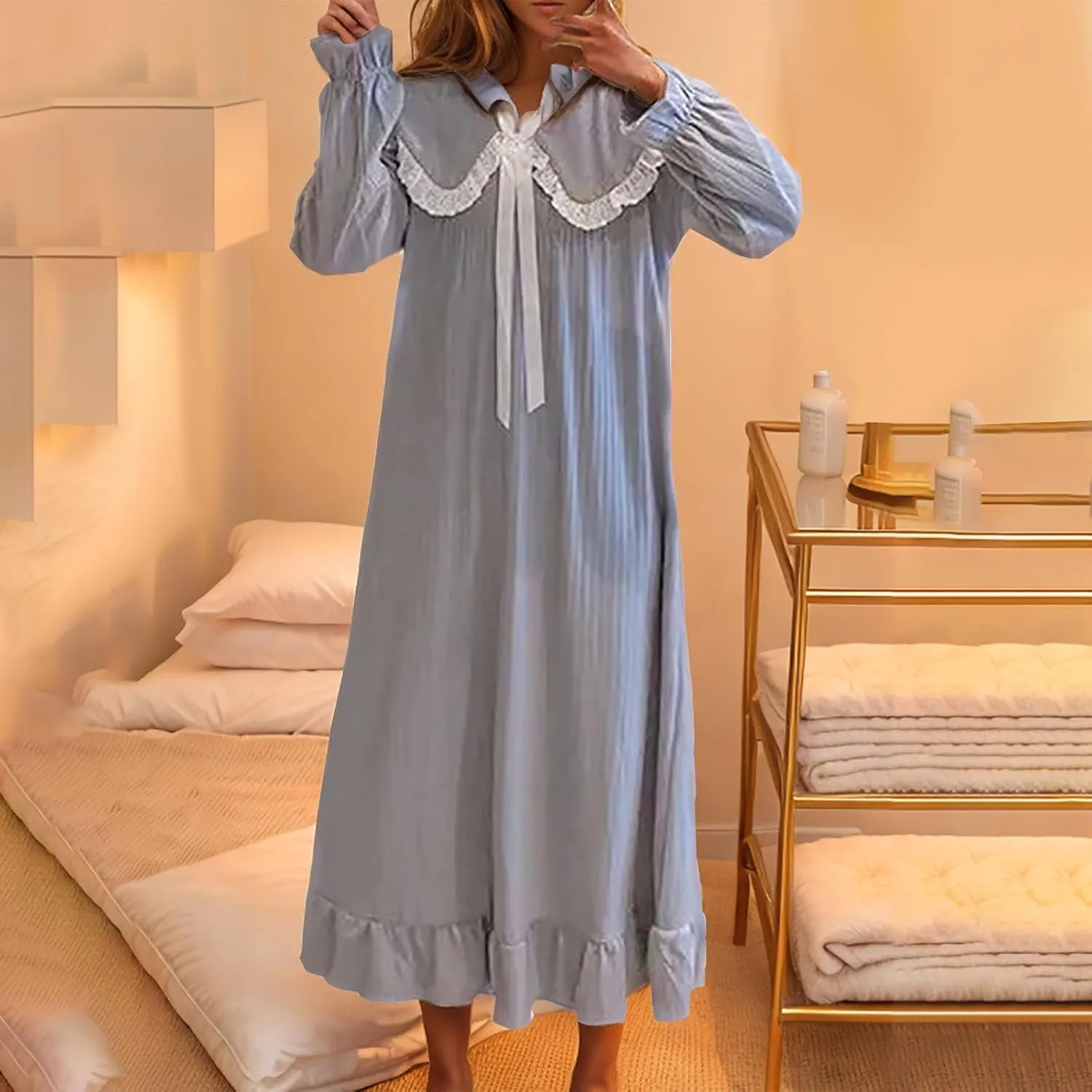 Vintage Peter Pan Collar Nightgown for Women Victorian Princess Long Sleepdress Ruffle Hem Long Sleeve Nightdress
