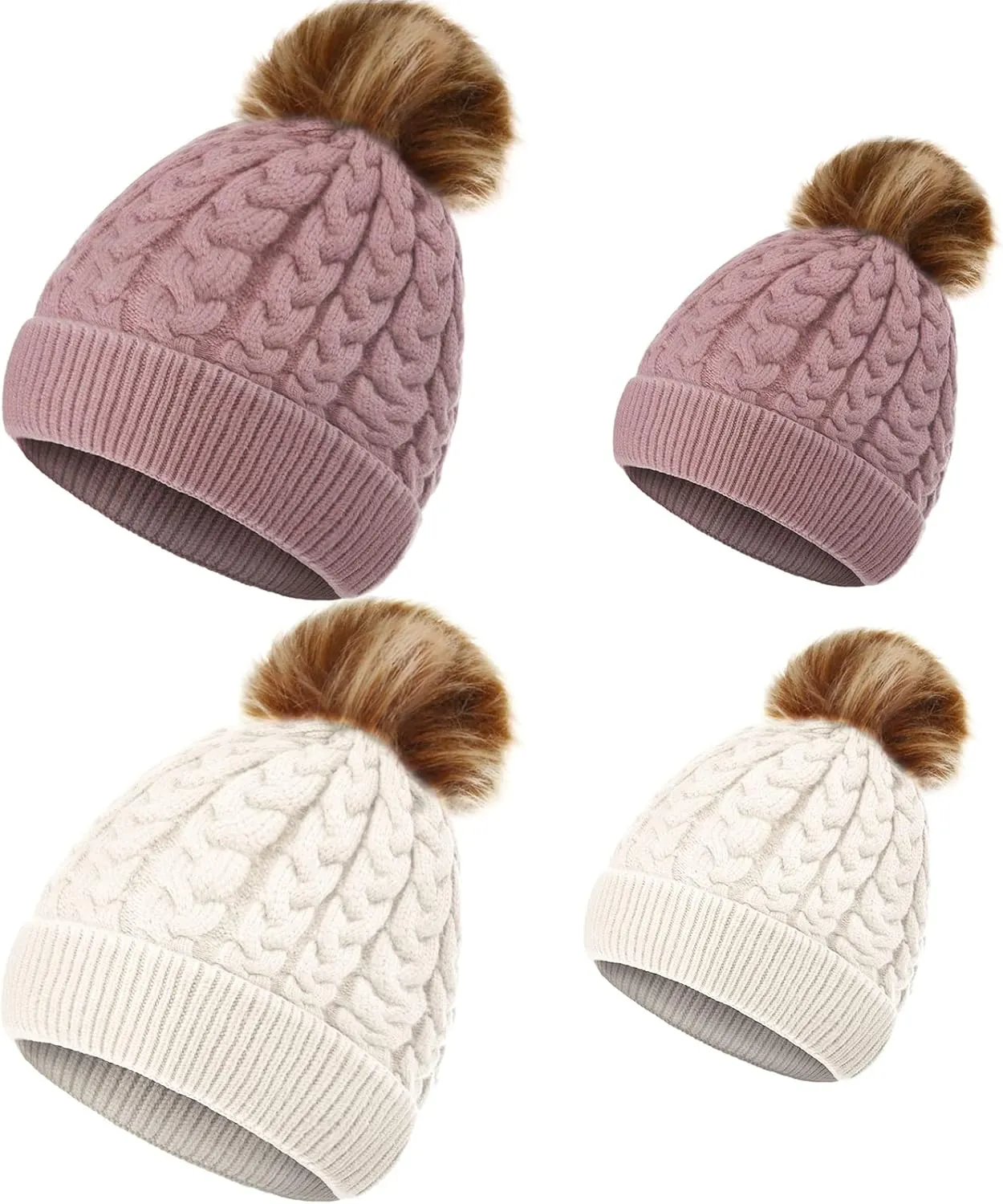 Warm Winter Baby Hat 4 Pieces Mommy and Me Hat Winter Family Winter Hats Baby and Mommy Beanie Mommy and Baby Matching Hats Knit Hat Crochet Beanie Ski with Pom Pom Ball, Pink, White
