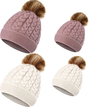 Warm Winter Baby Hat 4 Pieces Mommy and Me Hat Winter Family Winter Hats Baby and Mommy Beanie Mommy and Baby Matching Hats Knit Hat Crochet Beanie Ski with Pom Pom Ball, Pink, White