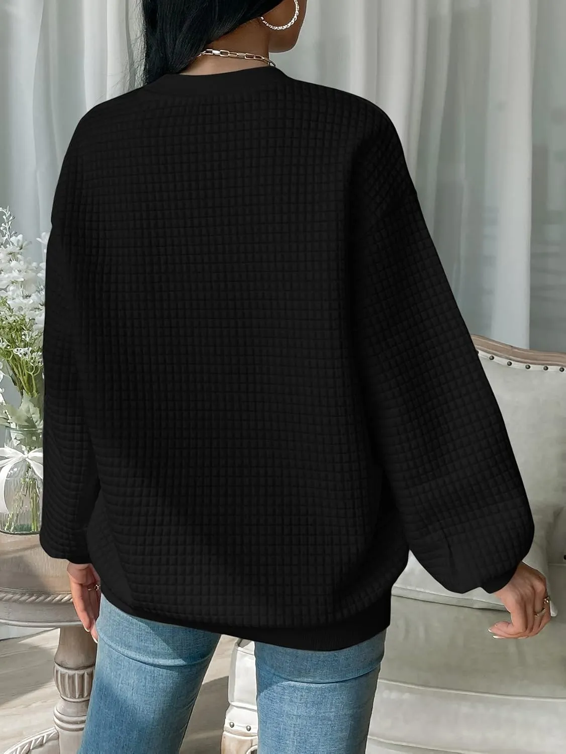 WDIRARA Women's Oversized Waffle Sweatshirt Crewneck Long Sleeve Pullovers