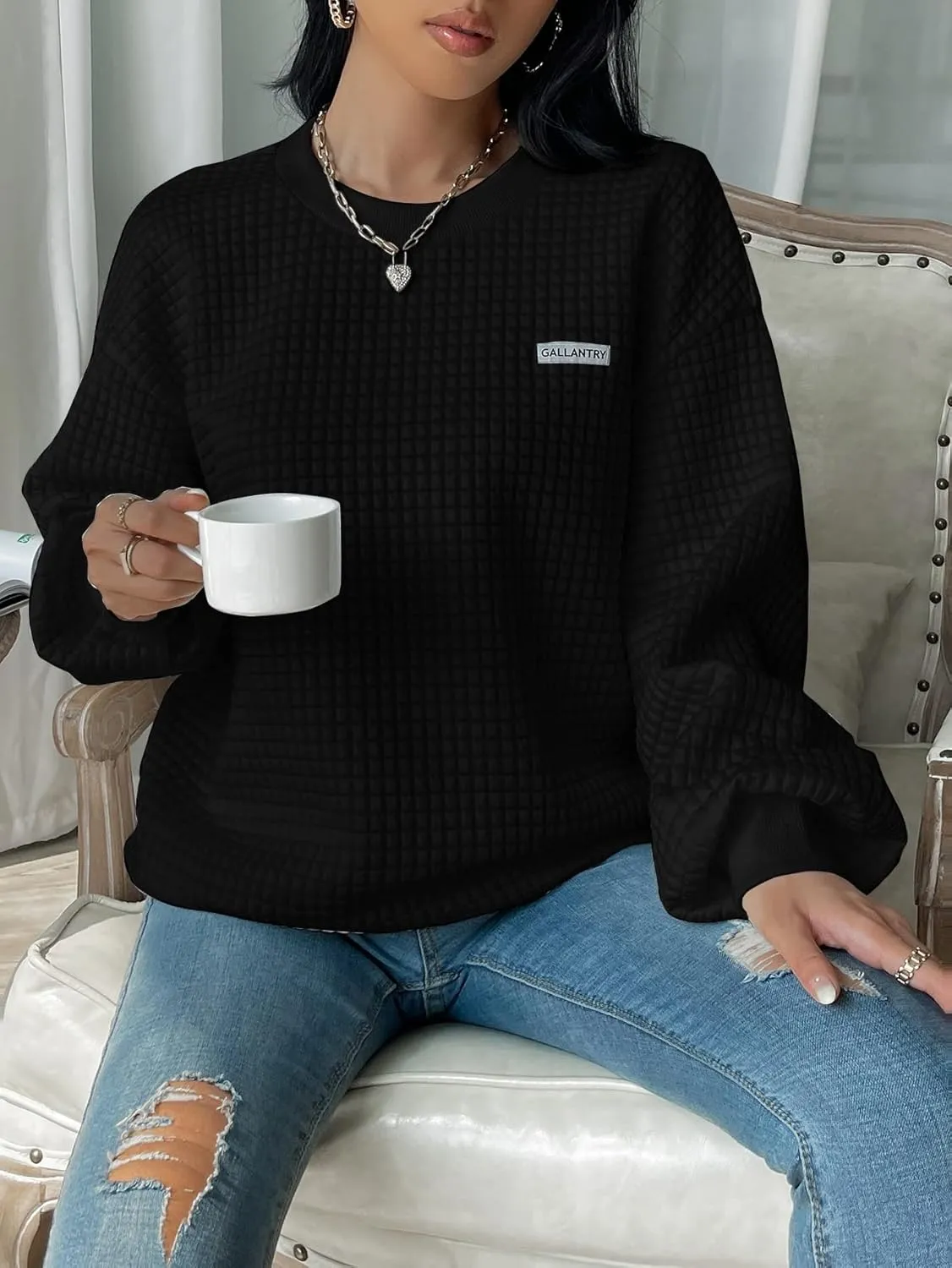 WDIRARA Women's Oversized Waffle Sweatshirt Crewneck Long Sleeve Pullovers