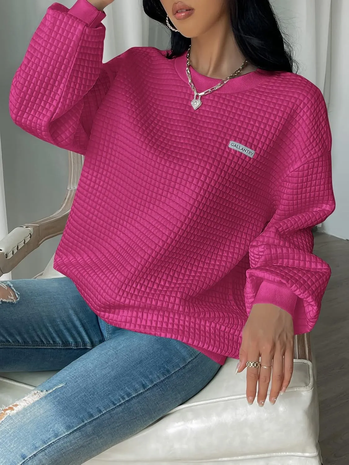 WDIRARA Women's Oversized Waffle Sweatshirt Crewneck Long Sleeve Pullovers
