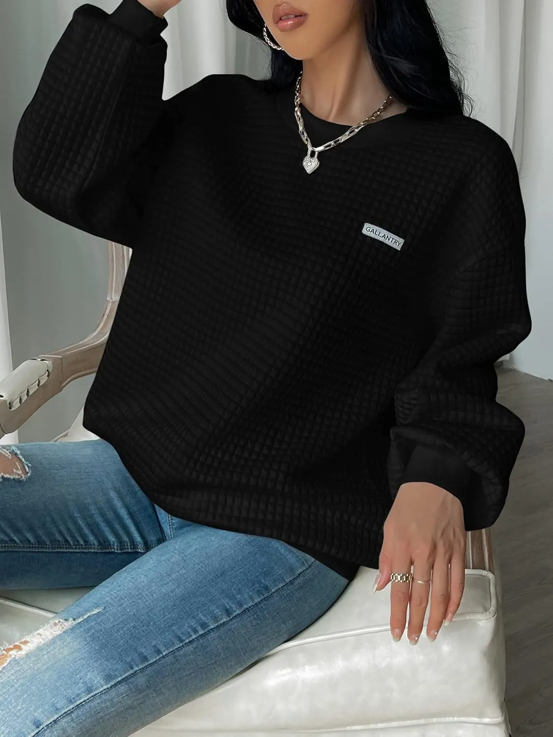 WDIRARA Women's Oversized Waffle Sweatshirt Crewneck Long Sleeve Pullovers