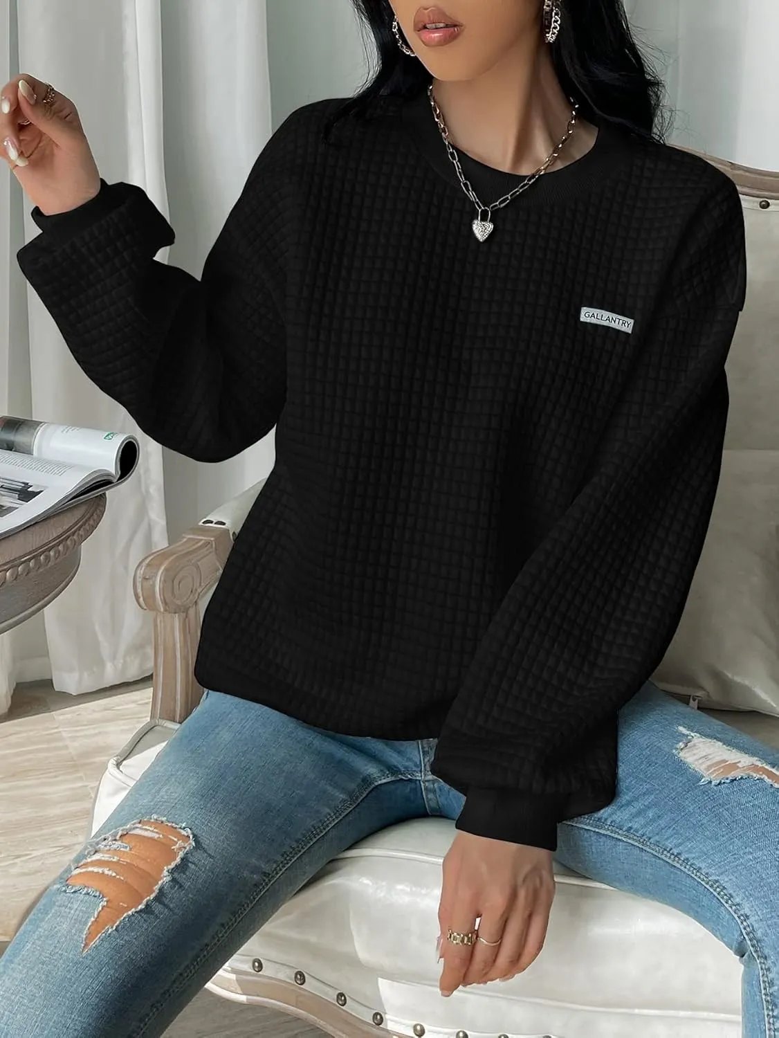 WDIRARA Women's Oversized Waffle Sweatshirt Crewneck Long Sleeve Pullovers
