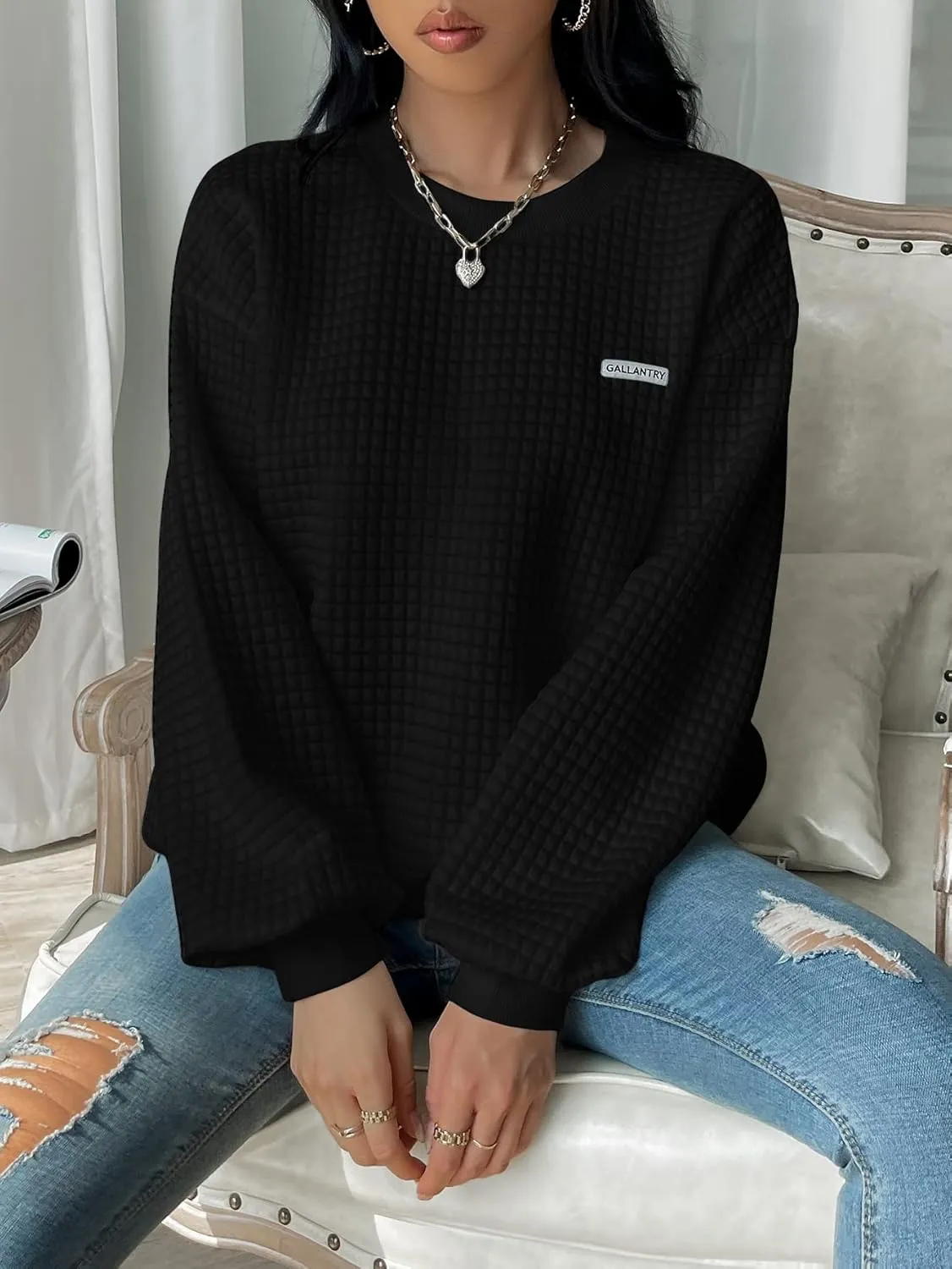 WDIRARA Women's Oversized Waffle Sweatshirt Crewneck Long Sleeve Pullovers