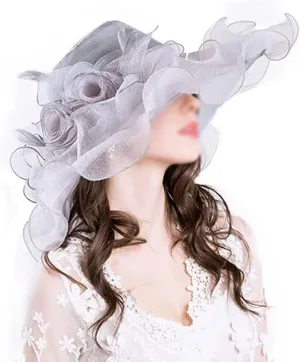 Wedding Party Hats Floral Satin Swirl Party Ruffle Wide Brim Hat Women