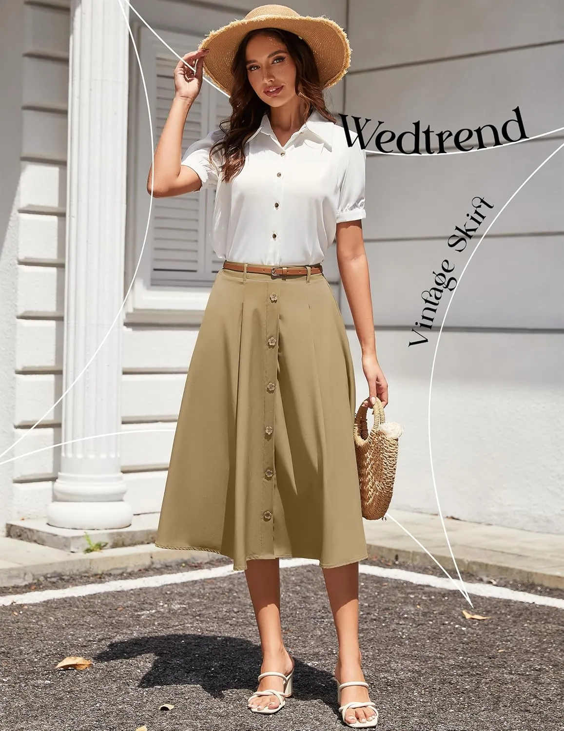 Wedtrend Women's Vintage Skirts A-Line Midi Skirt Button Work Flowy Skirts Pleated Skirt with Belt&Pockets