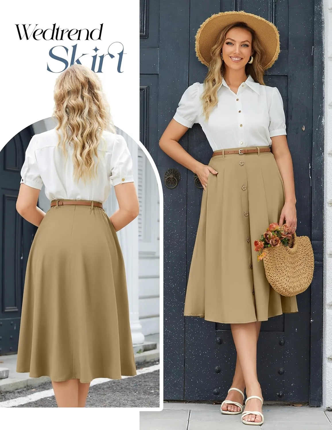 Wedtrend Women's Vintage Skirts A-Line Midi Skirt Button Work Flowy Skirts Pleated Skirt with Belt&Pockets