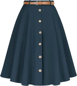 Wedtrend Women's Vintage Skirts A-Line Midi Skirt Button Work Flowy Skirts Pleated Skirt with Belt&Pockets