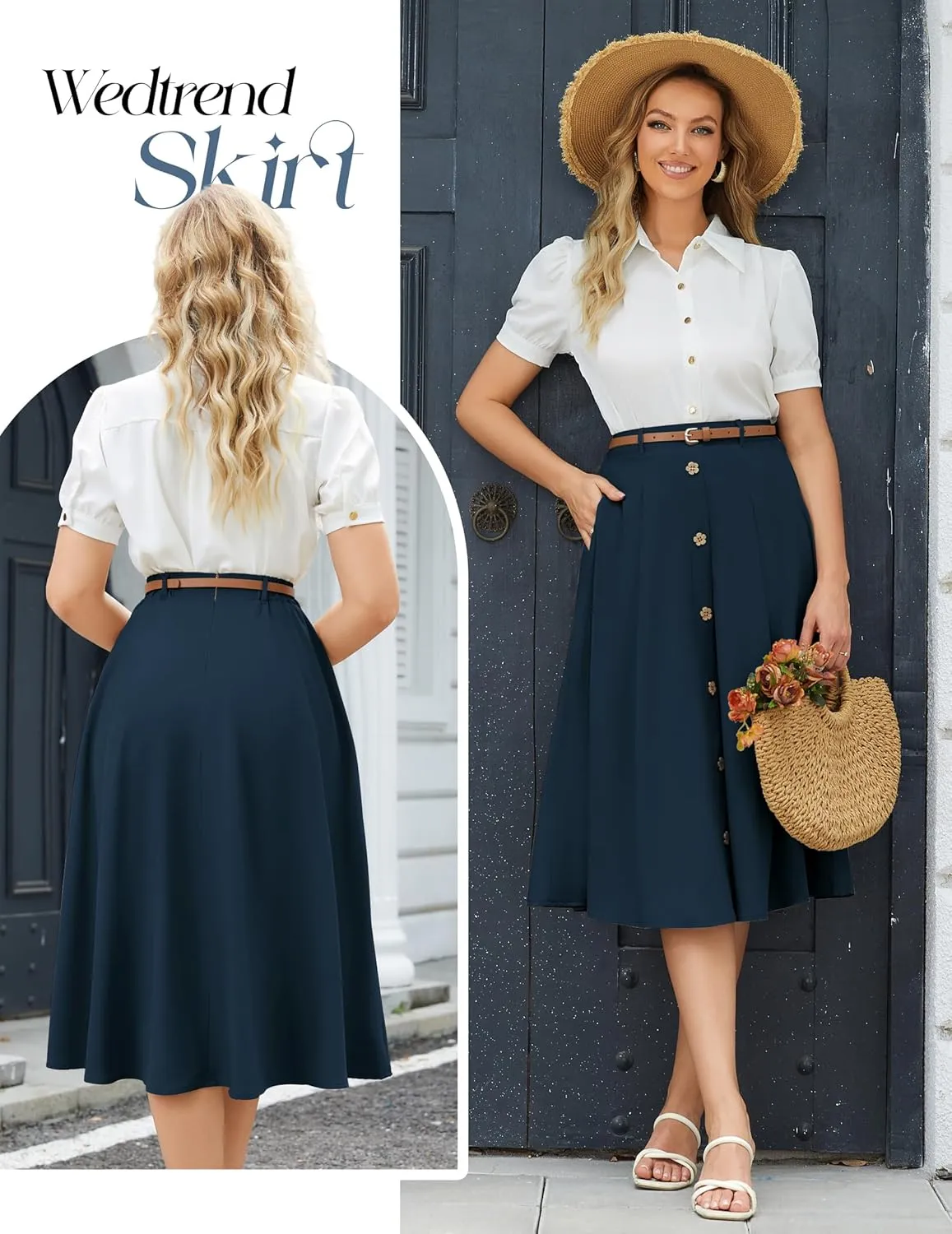 Wedtrend Women's Vintage Skirts A-Line Midi Skirt Button Work Flowy Skirts Pleated Skirt with Belt&Pockets