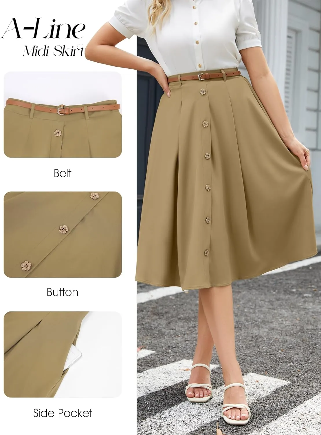 Wedtrend Women's Vintage Skirts A-Line Midi Skirt Button Work Flowy Skirts Pleated Skirt with Belt&Pockets
