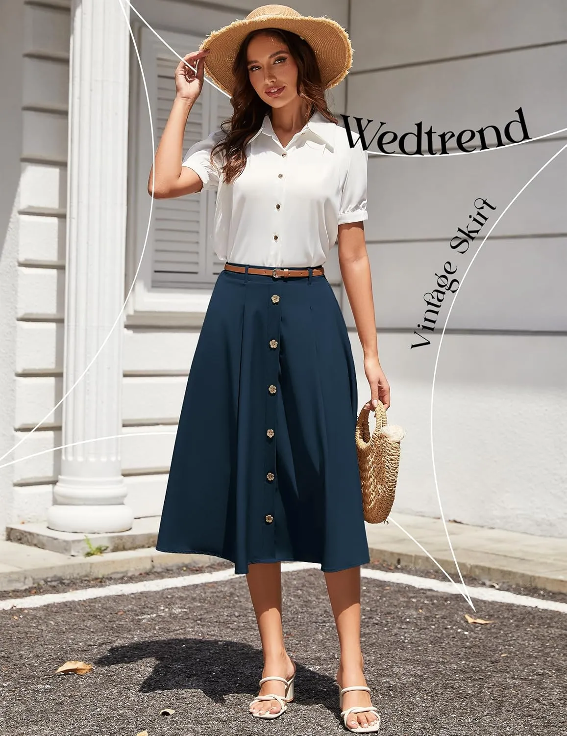Wedtrend Women's Vintage Skirts A-Line Midi Skirt Button Work Flowy Skirts Pleated Skirt with Belt&Pockets