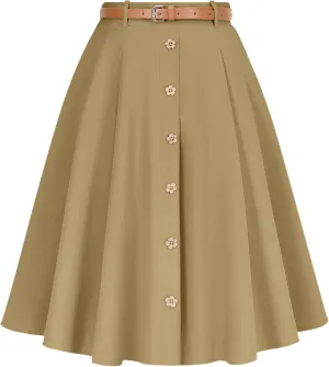 Wedtrend Women's Vintage Skirts A-Line Midi Skirt Button Work Flowy Skirts Pleated Skirt with Belt&Pockets