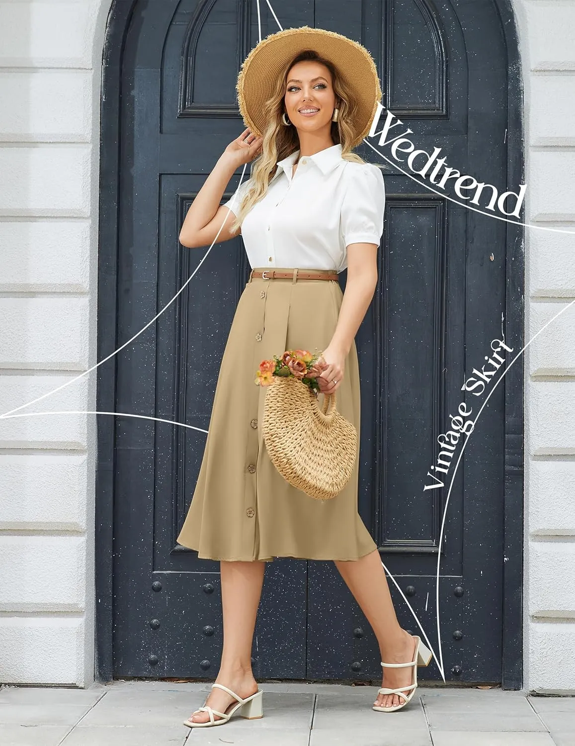 Wedtrend Women's Vintage Skirts A-Line Midi Skirt Button Work Flowy Skirts Pleated Skirt with Belt&Pockets