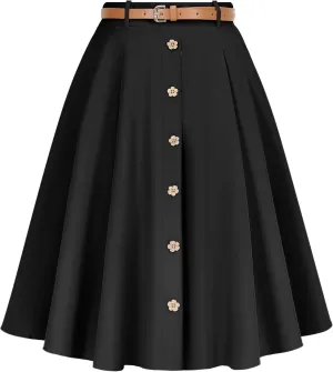Wedtrend Women's Vintage Skirts A-Line Midi Skirt Button Work Flowy Skirts Pleated Skirt with Belt&Pockets