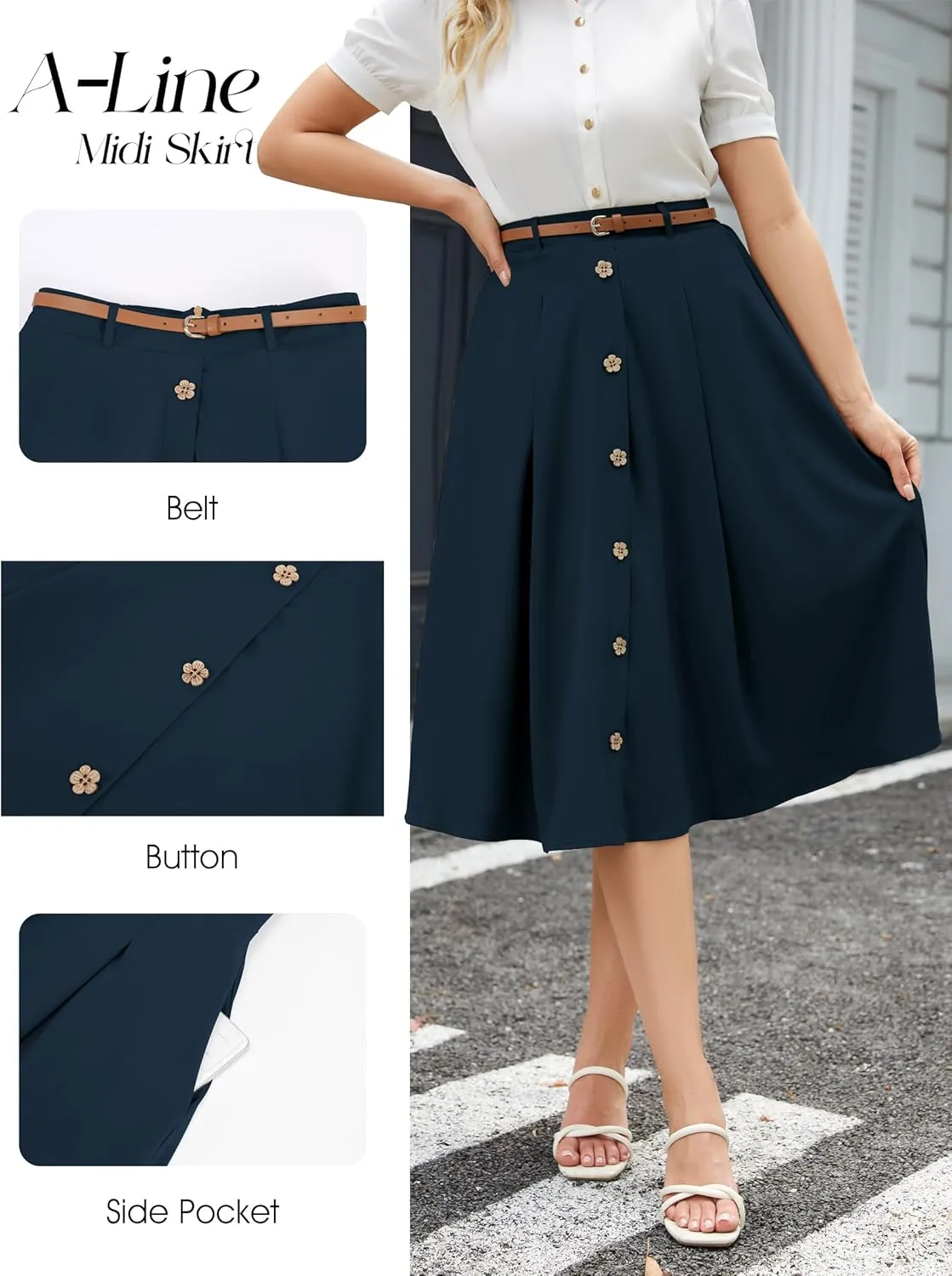 Wedtrend Women's Vintage Skirts A-Line Midi Skirt Button Work Flowy Skirts Pleated Skirt with Belt&Pockets