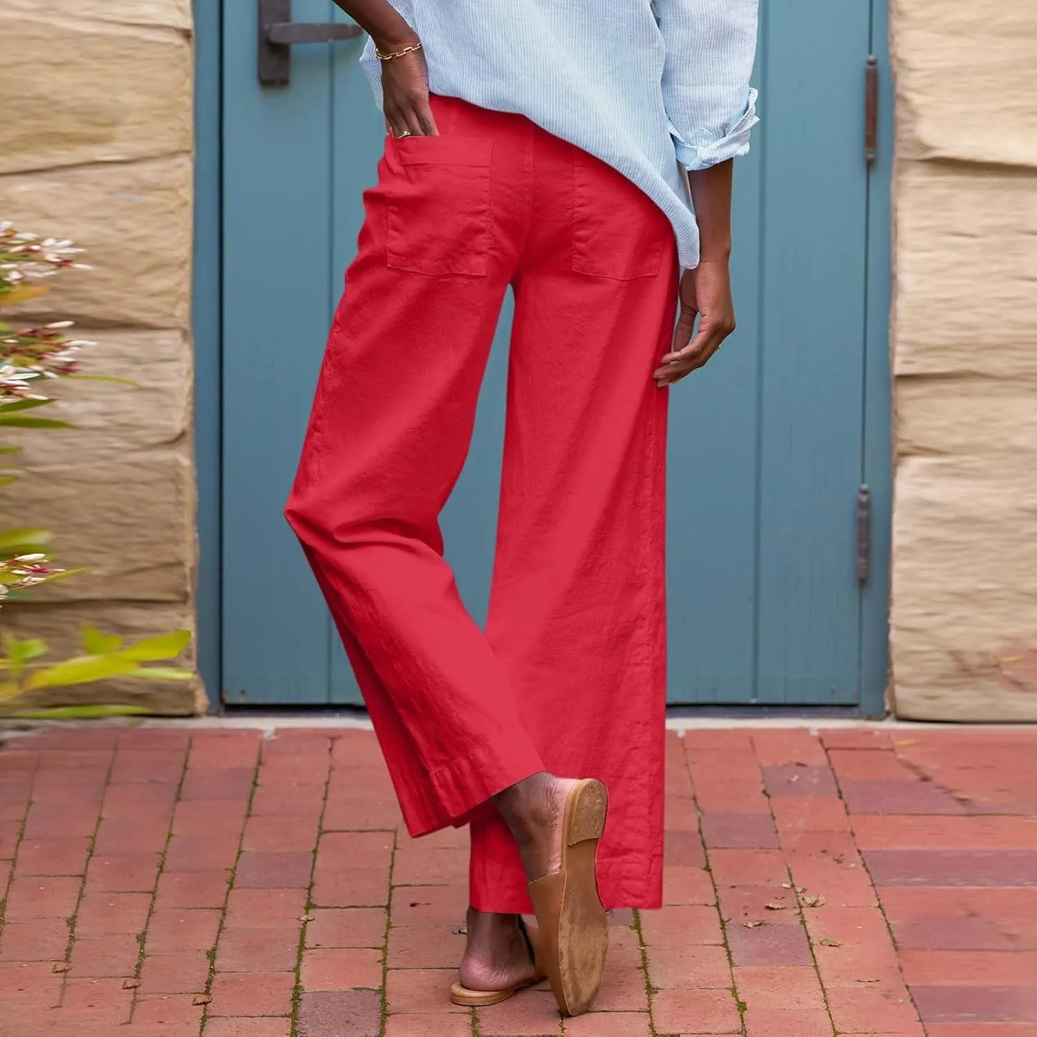 Wide Leg Linen Pants for Women Cropped Elastic High Waisted Dressy Pants Business Casual Comfy Work Pants with Pockets