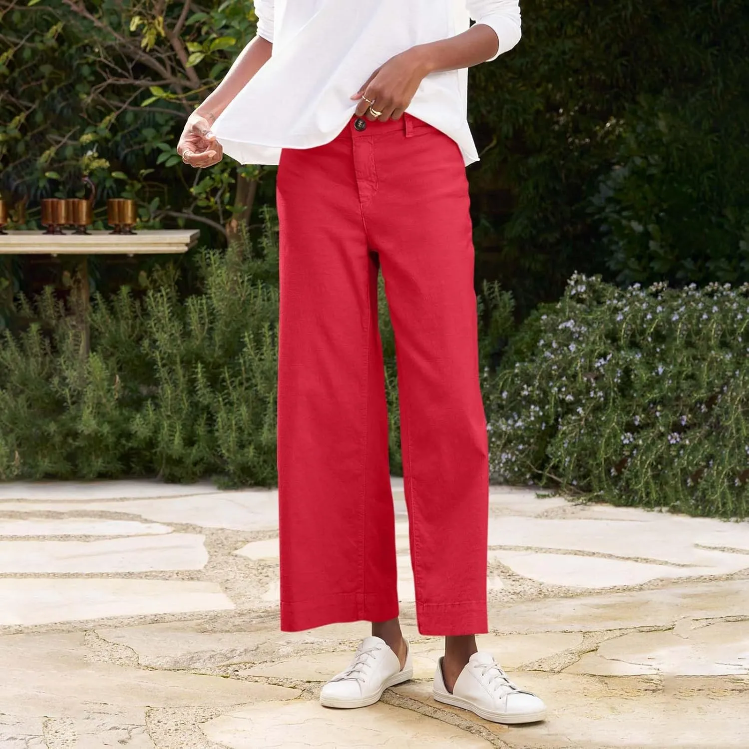 Wide Leg Linen Pants for Women Cropped Elastic High Waisted Dressy Pants Business Casual Comfy Work Pants with Pockets