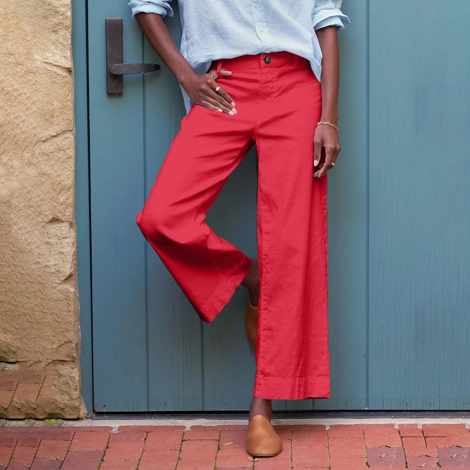 Wide Leg Linen Pants for Women Cropped Elastic High Waisted Dressy Pants Business Casual Comfy Work Pants with Pockets