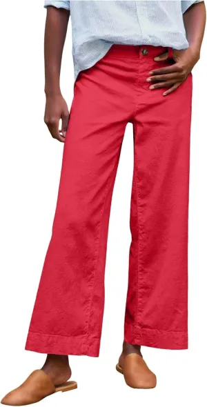 Wide Leg Linen Pants for Women Cropped Elastic High Waisted Dressy Pants Business Casual Comfy Work Pants with Pockets