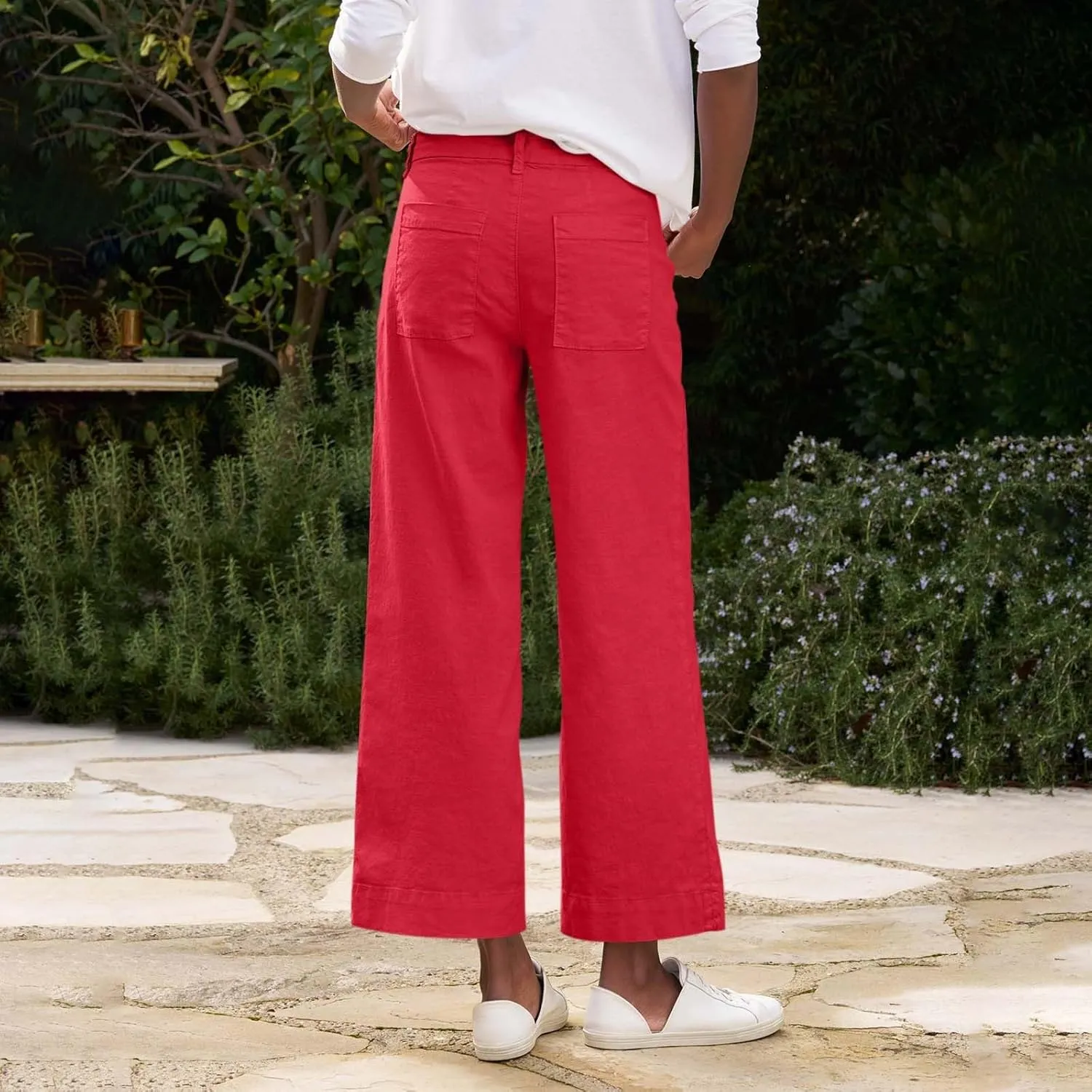 Wide Leg Linen Pants for Women Cropped Elastic High Waisted Dressy Pants Business Casual Comfy Work Pants with Pockets