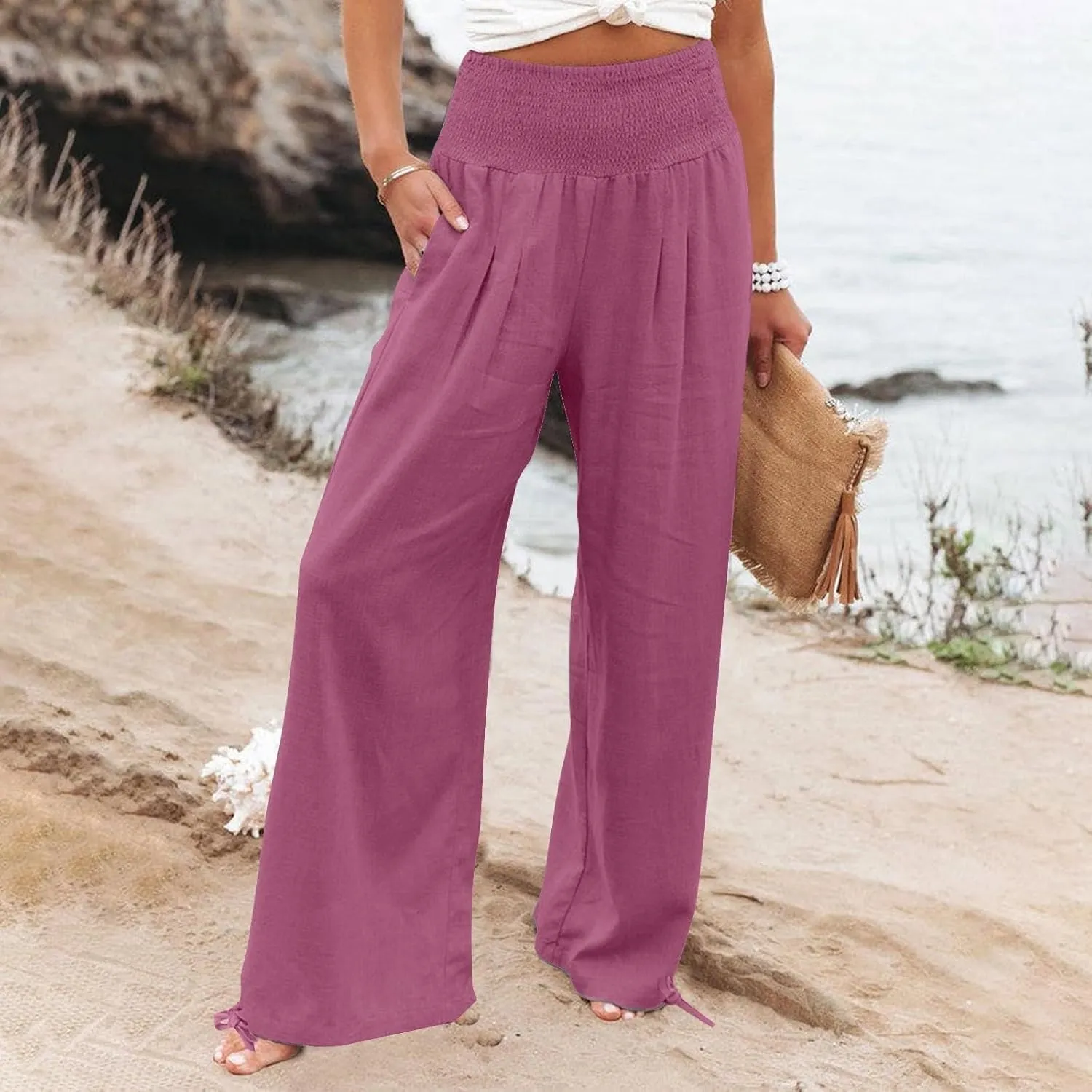 Wide Leg Pants Woman Dressy Casual Cotton Linen Flowy Beach Pants Summer Boho High Waist Lounge Trousers