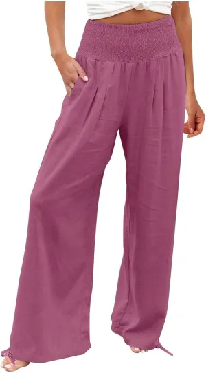 Wide Leg Pants Woman Dressy Casual Cotton Linen Flowy Beach Pants Summer Boho High Waist Lounge Trousers