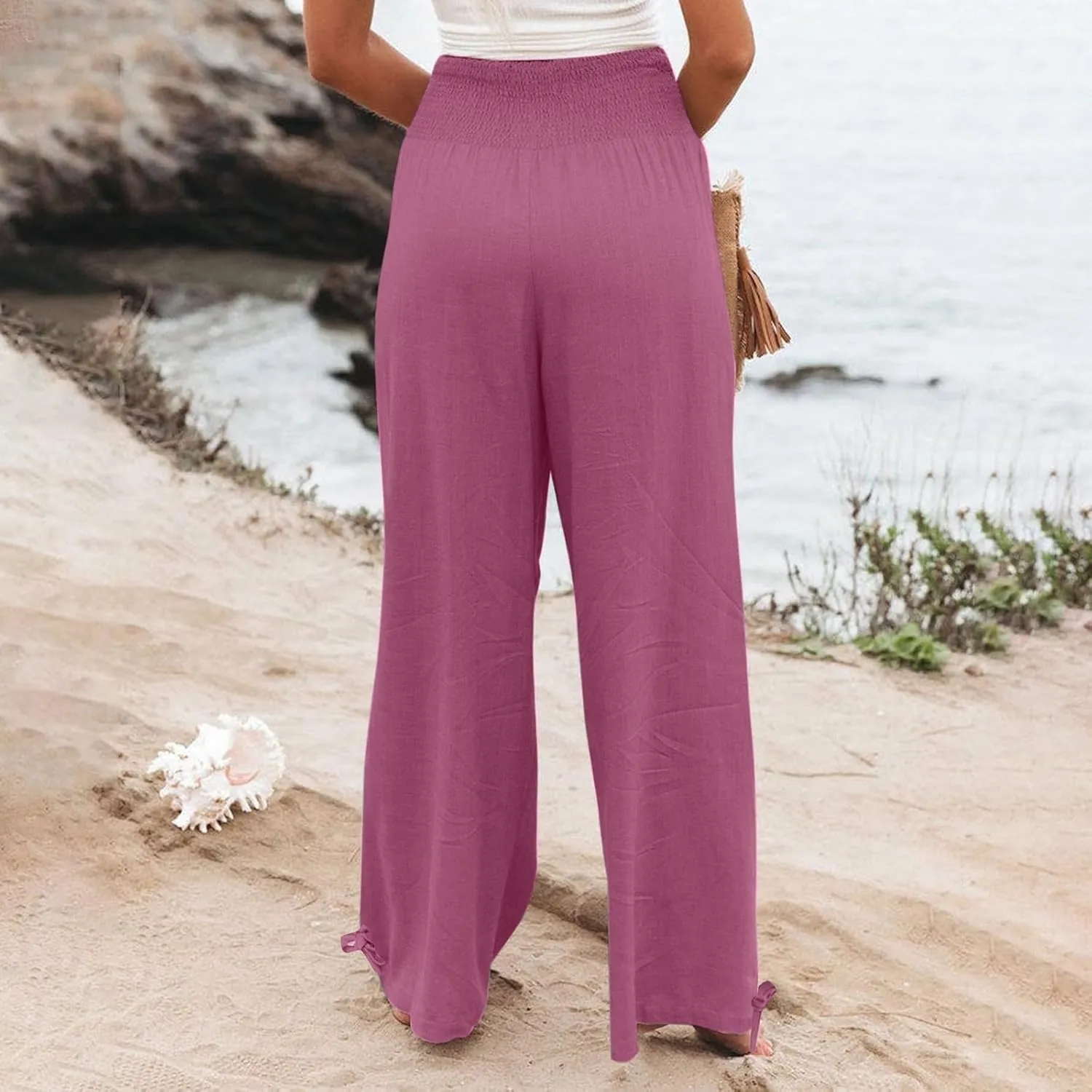 Wide Leg Pants Woman Dressy Casual Cotton Linen Flowy Beach Pants Summer Boho High Waist Lounge Trousers
