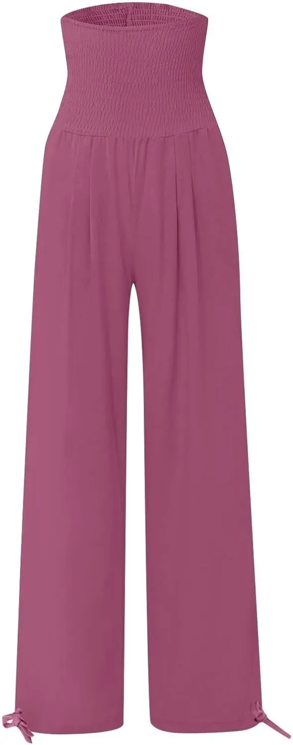 Wide Leg Pants Woman Dressy Casual Cotton Linen Flowy Beach Pants Summer Boho High Waist Lounge Trousers