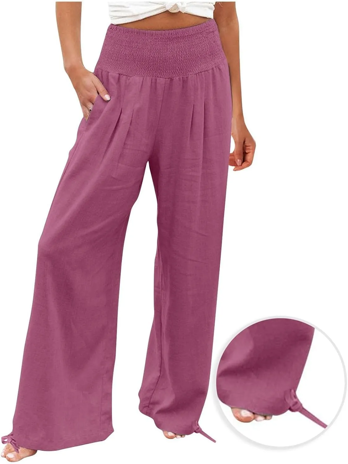 Wide Leg Pants Woman Dressy Casual Cotton Linen Flowy Beach Pants Summer Boho High Waist Lounge Trousers