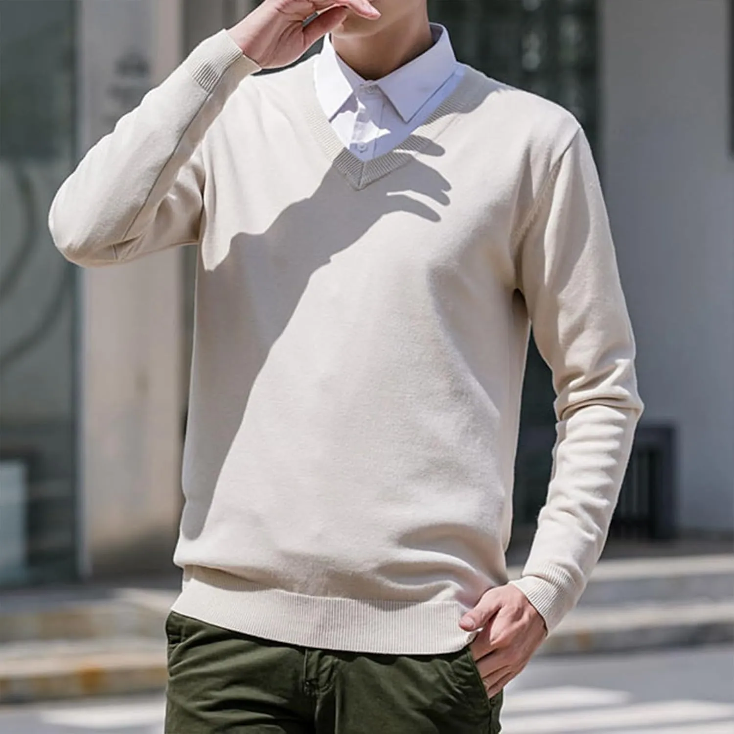 Winter Knitted Sweater for Men Casual Slim Fit Lightweight Thermal Pullovers Tops V Neck Long Sleeve Bottoming Jumper