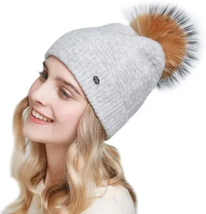 Winter Women Real Fur Pom Pom Hats Wool Knit Beanies