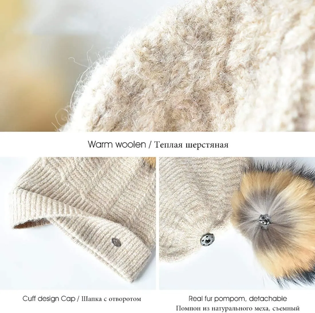 Winter Women Real Fur Pom Pom Hats Wool Knit Beanies