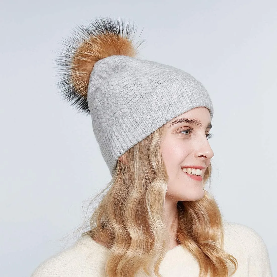 Winter Women Real Fur Pom Pom Hats Wool Knit Beanies
