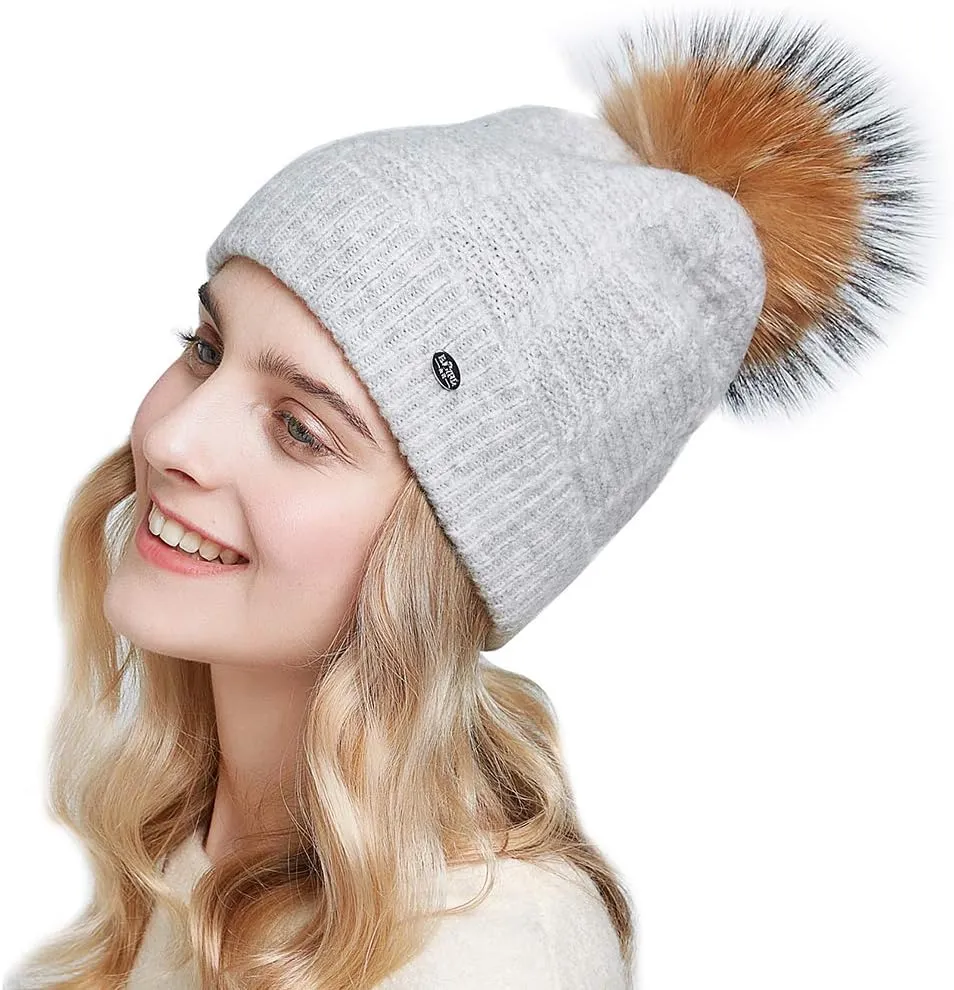 Winter Women Real Fur Pom Pom Hats Wool Knit Beanies
