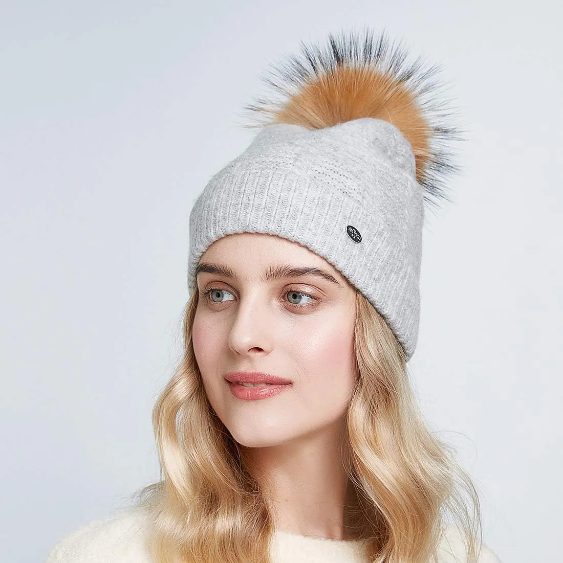 Winter Women Real Fur Pom Pom Hats Wool Knit Beanies